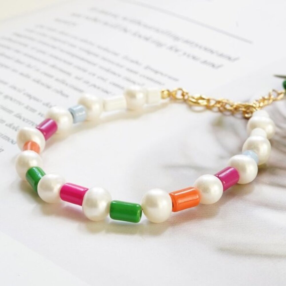 Multicolored Enamel Bead Freshwater Pearl Bracelet